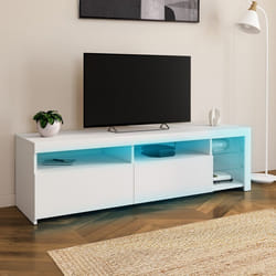 IDMARKET Meuble TV 140 cm SOLVEIG placards et étagères en verre avec LED blanc laqué
