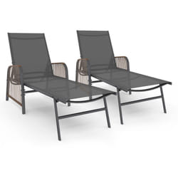 Lot de 2 transats de jardin inclinables rio en acier gris anthracite, cordage effet rotin avec accoudoirs et toile grise