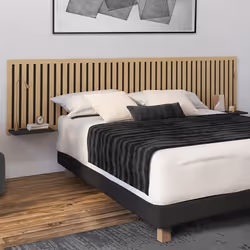 IDMARKET Tête de lit suspendue en lattes verticales ARIA 240 cm et étagères bois et noir