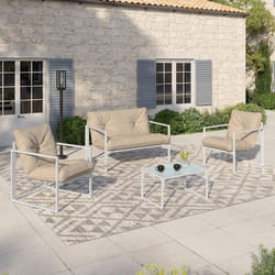 IDMARKET Salon de jardin bas NAIROBI 4 places en acier blanc et coussins beiges