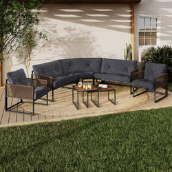 IDMARKET Salon de jardin bas RIO 8 places salon dangle structure métal gris anthracite cordage effet rotin avec coussins gris