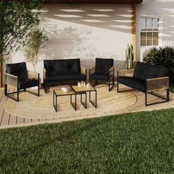 IDMARKET Salon de jardin bas RIO 6 places structure métal noir cordage effet rotin clair et coussins noirs