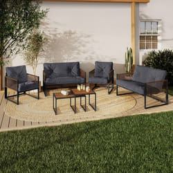 IDMARKET Salon de jardin bas RIO 6 places structure métal gris anthracite cordage effet rotin avec coussins gris
