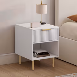 IDMARKET Lot de 2 tables de chevet MARCEL 1 tiroir avec niche lattes tasseau bois blanc et doré