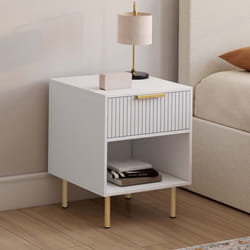 IDMARKET Lot de 2 tables de chevet MARCEL 1 tiroir avec niche lattes tasseau bois blanc et doré