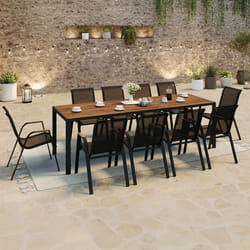 IDMARKET Salon de jardin NOUMEA table 240 cm plateau verre trempé effet bois et 10 chaises empilables noir et bois