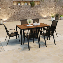 IDMARKET Salon de jardin NOUMEA table 150 cm plateau verre trempé effet bois et 6 chaises empilables noir et bois