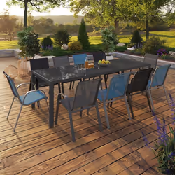 IDMARKET Salon de jardin MADRID table 240 CM et 10 chaises empilables mix color bleu gris et noir