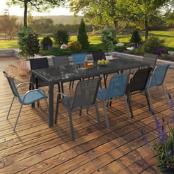 IDMARKET Salon de jardin MADRID table 240 CM et 10 chaises empilables mix color bleu gris et noir