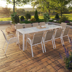 Salon de jardin MADRID table 240 CM et 10 chaises empilables blanc et beige taupe