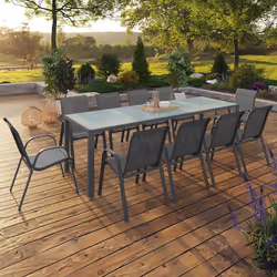 IDMARKET Salon de jardin MADRID table 240 CM et 10 chaises empilables gris anthracite plateau clair
