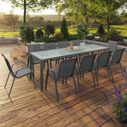 IDMARKET Salon de jardin MADRID table 240 CM et 10 chaises empilables gris anthracite plateau clair