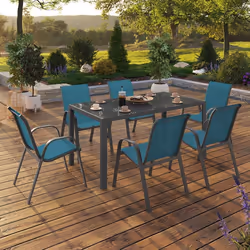 IDMARKET Salon de jardin MADRID table 150 CM et 6 chaises empilables bleu canard