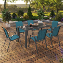 IDMARKET Salon de jardin MADRID table 150 CM et 6 chaises empilables bleu canard