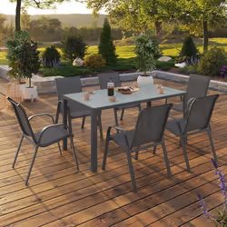 IDMARKET Salon de jardin MADRID table 150 CM et 6 chaises empilables gris anthracite plateau clair
