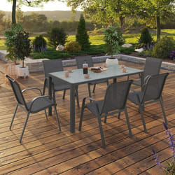 IDMARKET Salon de jardin MADRID table 150 CM et 6 chaises empilables gris anthracite plateau clair