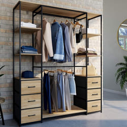 IDMARKET Dressing double penderie + double colonne L. 140 cm UTAH avec 6 étagères et 6 bacs en tissu bois et noir