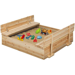 Idmarket - Bac à sable funny bois refermable avec 2 bancs et bâches de protection