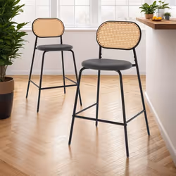 IDMARKET Lot de 2 tabourets de bar vintage CLOTILDE en métal noir et dossier cannage