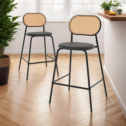 IDMARKET Lot de 2 tabourets de bar vintage CLOTILDE en métal noir et dossier cannage