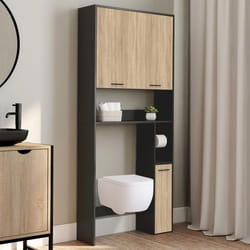 IDMARKET Meuble étagère dessus WC WALLIS noir et bois façon hêtre