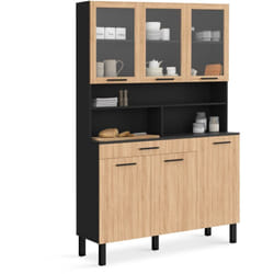 Buffet de cuisine vitré 120 cm cina 6 portes + tiroir noir et façon hêtre