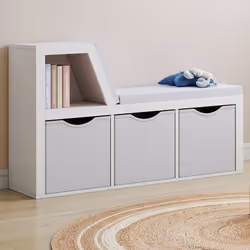 IDMARKET Bibliothèque banc OSCAR 4 cases avec coussins gris et bacs tissus 102 cm blanc