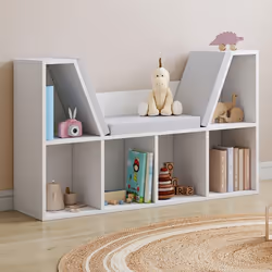 IDMARKET Bibliothèque banc OSCAR 6 cases avec coussins gris 102 cm blanc