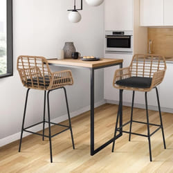 IDMARKET Lot de 2 tabourets de bar SUMMER effet rotin beige pied metal noir avec accoudoirs