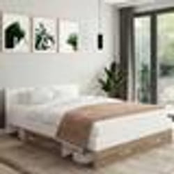 IDMARKET Lit double MINEA avec tiroirs + niches de rangement + tête de lit et sommier 140 x 190 cm façon hêtre et blanc