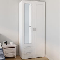 IDMARKET Armoire 2 portes VITO blanc penderie 80 cm avec 2 tiroirs miroir et étagères