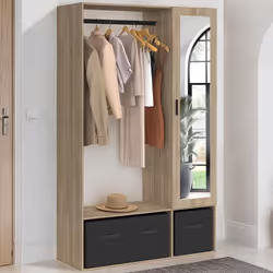 IDMARKET Dressing penderie BERENICE 105 x 40 x 172 cm hêtre avec étagères + boites de rangement noires + miroir