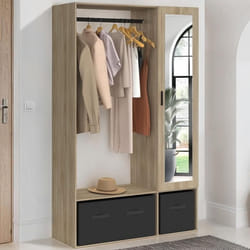 IDMARKET Dressing penderie BERENICE 105 x 40 x 172 cm hêtre avec étagères + boites de rangement noires + miroir
