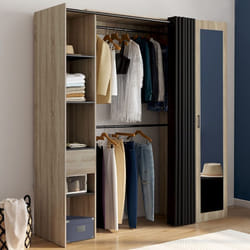 IDMARKET Dressing extensible MADISON 145/170 x 50 x 180 cm hêtre avec étagères + double penderie + miroir + rideau noir
