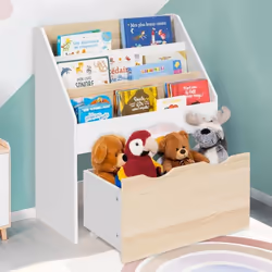 IDMARKET Meuble de rangement bibliothèque enfant MANA 3 étagères et 1 bac sur roulettes blanc et hêtre