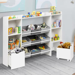 IDMARKET Meuble de rangement enfant MANA 7 étagères 9 bacs en tissu et 2 cubes sur roulettes blanc