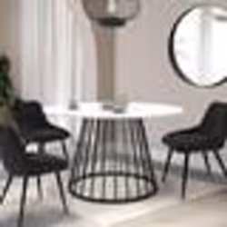 IDMARKET Table à manger ronde YUNA 6 personnes pied filaire en métal noir et plateau effet marbre blanc ALASKA 110 cm