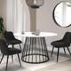 IDMARKET Table à manger ronde YUNA 6 personnes pied filaire en métal noir et plateau effet marbre blanc ALASKA 110 cm