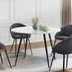 IDMARKET Table à manger ronde AMELIA 4 personnes effet marbre blanc ALASKA pieds métal noir 110 cm
