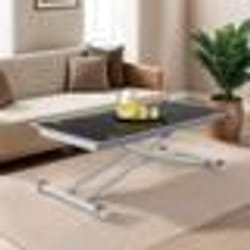 IDMARKET Table basse fixe relevable en table à manger rectangulaire URBANA plateau verre trempé pied chrome