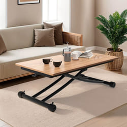 IDMARKET Table basse fixe relevable en table à manger rectangulaire URBANA plateau façon hêtre pied noir design industriel