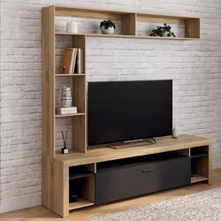 IDMARKET Ensemble meuble TV et étagères 170 cm MALO bois et placard noir