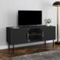 IDMARKET Meuble TV 110 cm MARCEL 2 portes lattes tasseau bois noir