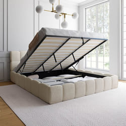 IDMARKET Lit coffre double NUAGE avec tête de lit matelassée et sommier 180 x 200 cm bouclette blanc