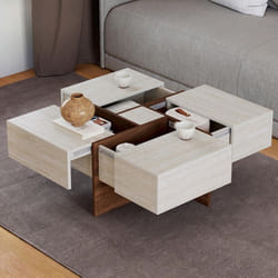 IDMARKET Table basse carrée TALIA 70 cm avec tiroirs bois effet noyer et plateau travertin