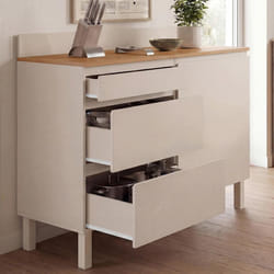 Buffet bas casserolier de cuisine 120 cm CLAUDE plan de travail effet bois H.83 cm 1 porte + 3 tiroirs beige