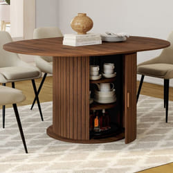Table à manger extensible ronde JULIETTE 4-8 personnes pied lattes avec rangement coloris noyer 110-150 cm