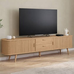 Meuble TV 200 cm 2 portes coulissantes et 2 tiroirs bois effet lattes