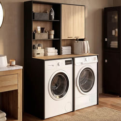 IDMARKET Meuble pour 2 machines à laver WALLIS avec placard et étagères noir et bois façon hêtre