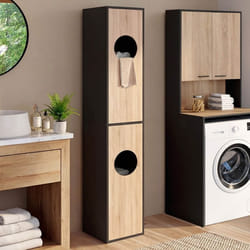 IDMARKET Armoire à linge buanderie colonne de salle de bain WALLIS noir et bois façon hêtre